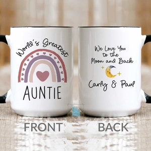 Auntie Mug, Aunt Gift From Niece Nephew, Mothers Day Gift For BAE Aunty Aunt Coffee Mug, Personalized Auntie Rainbow Mug With Kids Names
