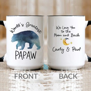 Papaw Mug, Papa Birthday Gift, Personalized Papaw Fathers Day Mug, Worlds Greatest Papaw Bear Coffee Mug With Grandkids Name Grandfather Cup