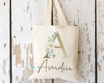 Personalized Bridesmaid Tote Bag, Monogram Tote Bag, Floral Monogrammed Wedding Tote Custom Name and Initial Canvas Tote, Bachelorette Gift