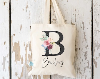 Name Tote Bag, Monogram Tote Bag, Floral Monogrammed Wedding Tote Personalized Bridesmaid Canvas Tote, Bride Bachelorette Gift