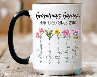 Personalized Grandma's Garden Mug With Custom Birth Flower And Grandkids Names, Grandma Birthday Gift Christmas Coffee Cup, Mothers Day Gift