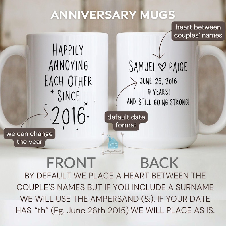 Ceramic mug with the quote 'Happily annoying each other since 1975' in handwritten font on the front. Printed at the back are the custom names of the couple with a heart in between. Perfect for celebrating a relationship milestone with wit and humor.