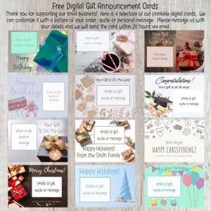 Puede incluir: Una colecci&oacute;n de tarjetas de anuncio de regalo digital imprimibles con varios temas, que incluyen cumplea&ntilde;os, vacaciones y felicitaciones. Cada tarjeta presenta un espacio para una foto de un regalo, una cita o un mensaje, y un dise&ntilde;o festivo.