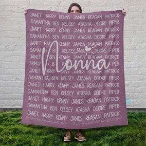 May include: A purple blanket with white text that reads "Janet Harry Kenny James Reagan Patrick Samantha Ben Kelsey Atashea Deidre Piper" repeated multiple times. The text "Nonna" and "Lonna" are written in a larger font size and are centered on the blanket. The blanket has a message at the bottom that reads "Sending our hugs, kisses and smiles. You're in our thoughts and our hearts all the time. We Love You!"