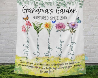 Grandma's Garden Blanket, Personalized Birth Flower Month Blanket For Grandma Gift From Grandkids Names, Mothers Day Gift, Fleece Throw