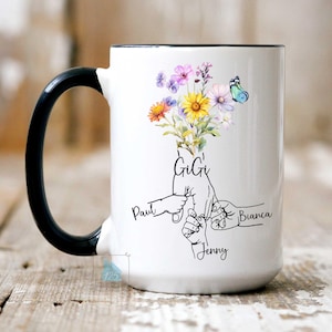 Gigi Mug, Gigi Gifts, Gigi Birthday Gift, Personalized Gigi Mothers Day Gift For Gigi Hands with Grandkids Names, Floral Gigi Coffee Mug
