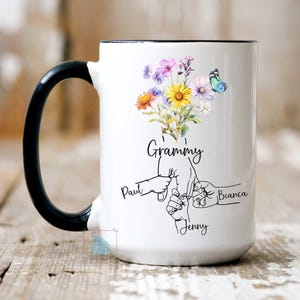 Grammy Mug, Grammy Gifts, Grammy Birthday Gift, Personalized Grammy Mothers Day Gift For Grammy Hands with Grandkids Names Floral Grammy Cup