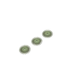 May include: Three green metal starburst-shaped decorative pieces with a small hole in the centre.