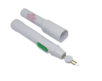 May include: White electric thread cutter with a green button and a white storage case. The cutter has two gold needles.