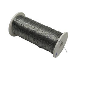 May include: A silver-grey wire spool with a white plastic core. The wire is tightly wound, suggesting it's fine and flexible. Ideal for crafts or detailed projects. The spool is set against a plain white background.