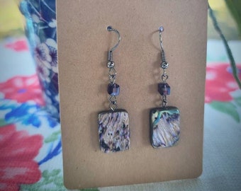 Abalone Shell Dangle Earrings with Purple Glass Bead on Silver-tone Ear Wires - Handmade