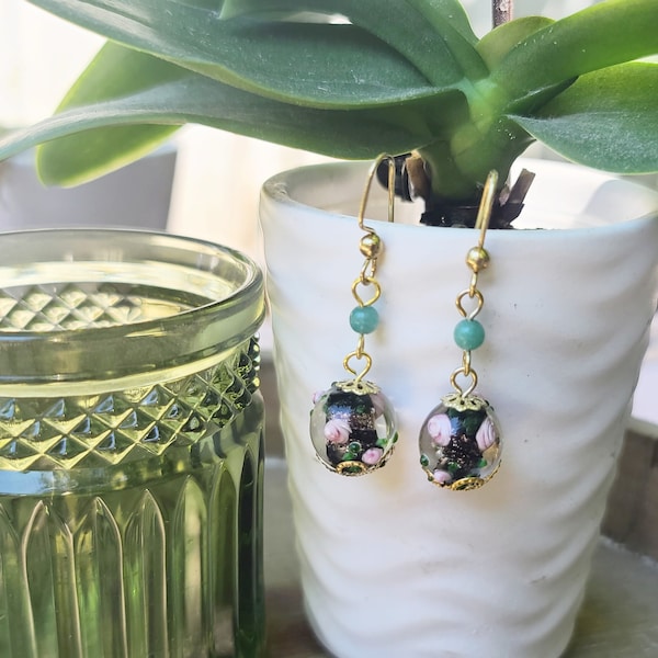 Natural Green Stone Semiprecious Beads with Black & Pink 3D Floral Glass Beads Dangle Earrings on Gold-tone Ear Wires, Rose - Handmade