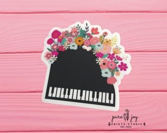 Piano with Flowers Sticker,  Matte Waterproof Vinyl Sticker, Piano Sticker,  Black Grand Piano