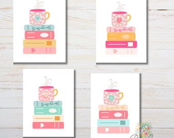 Conversation Hearts and Books, Valentine's Day, Greetings, Blank Note Card, Kraft Envelope, Thinking of You, Stationary, Set of 4 or Single