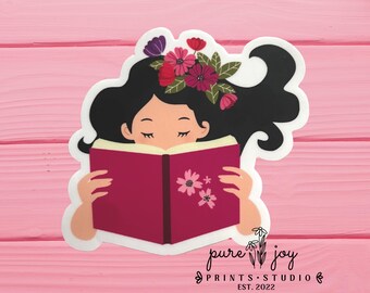 Girl Reading Book Sticker, Waterproof Vinyl Sticker, Bookish, Book lover,