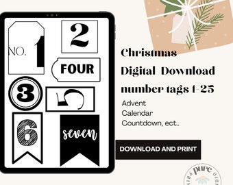 Book Advent Numbers | Advent Calendar Numbers | Printable Tags for Christmas | Fun Minimal Number Tags | Christmas Countdown Printable