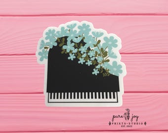 Piano with Blue Flowers Sticker,  Matte Waterproof Vinyl Sticker, Piano Sticker,  Black Grand Piano