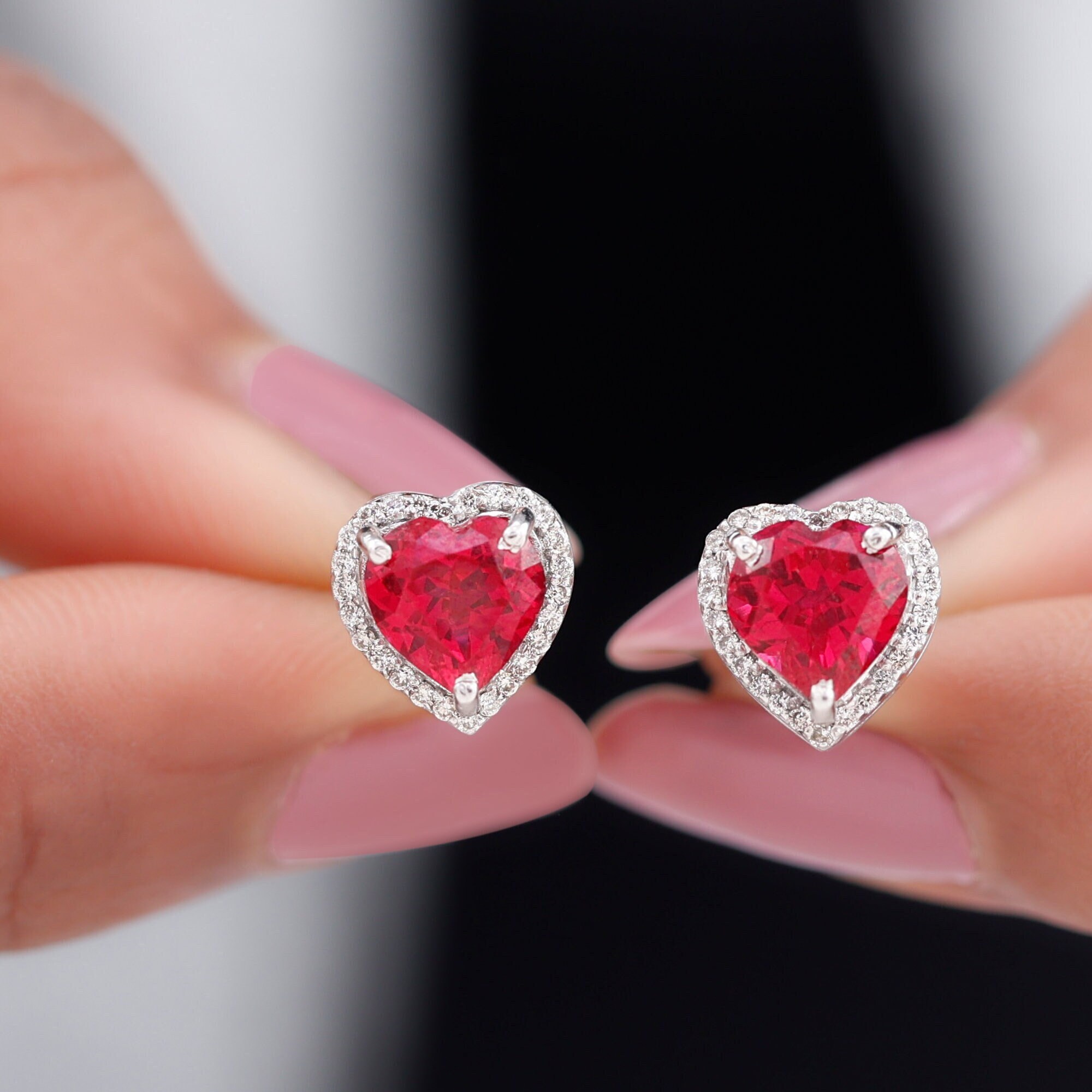 Ruby Heart Earrings With Moissanite Halo Ruby Heart Shaped 55 OFF