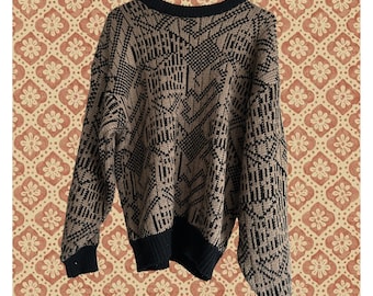 Vintage 80s 90s Funky Geometric Brown Tan Black Knit Sweater