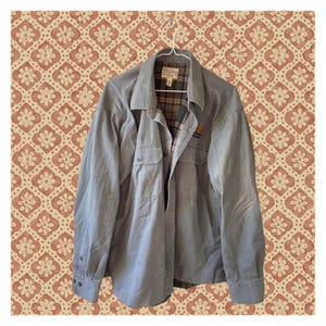 May include: A gray long-sleeved button-up shirt with a plaid flannel lining. The shirt has a patch pocket on the left chest and a label that reads "Carhartt"