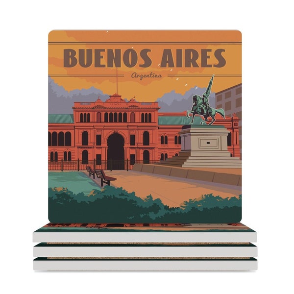 4pc Set of Argentina BUENOS AIRES World City Vintage Coasters, Drink Coasters Table Drink Mats, Home Decor, Wedding Birthday Christmas gifts