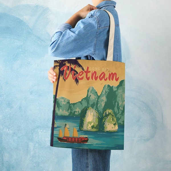 Halong City Vietnam vintage Travel City Art Tote Canvas Bag, Tote Bag with vintage Travel Poster Shopping Bags With World Travel, cadeau pour elle