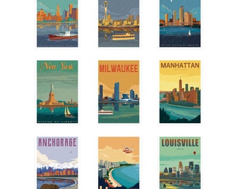 B Set of 9 pcs Postcards Money saver! Vintage American Travel City Postcard Art Print,Personalized Home Decor Gifts, Retro postcard