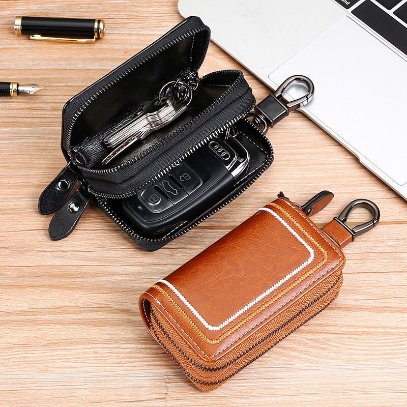 Leather Double Zipper Key Case Durable Car Keychain Case With Etsy