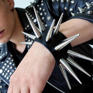 Punk 1.57” | 2.17” Silver Spiked Leather Bracelet: Long Studded Wrist Cuff Grunge Jewelry