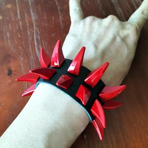 Red Shark Fin Spike Leather Cuff: Punk Goth Bracelet