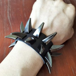 Gunmetal Black Shark Fin Spike Leather Cuff: Punk Rock Bracelet