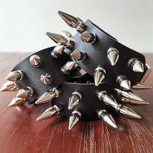 Punk Bullet Spike Leather Bracelet. Grunge Studded Wristband. Black Genuine Leather Cuff. Rivet Clasp Buckle Wrist. Rock Music Goth Gifts.