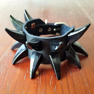 Black Leather Shark Fin Studded Punk Bracelet: Goth Rock Cuff