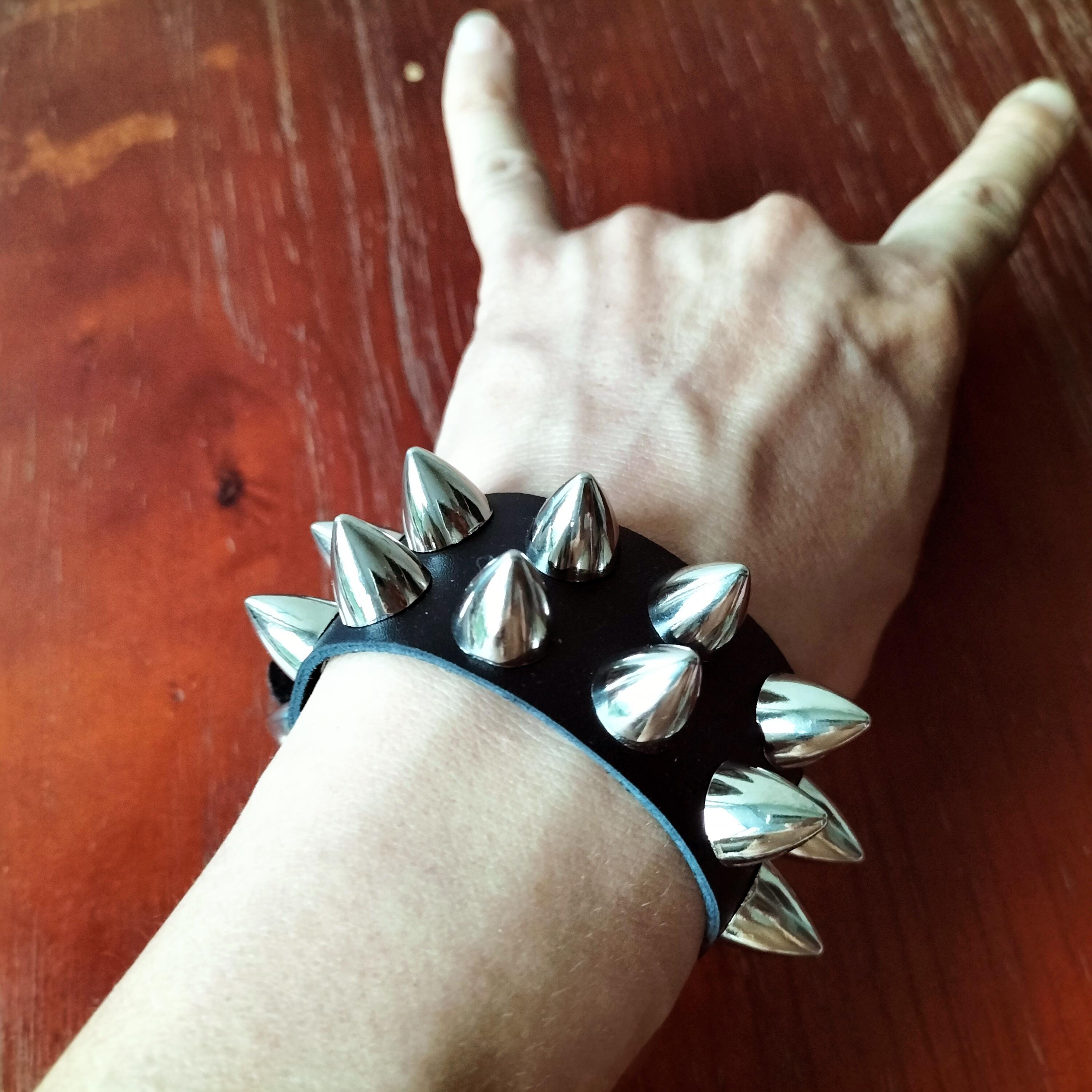 Punk Cone Studded Leather Bracelet: Silver Spikes, Rocker Cuff