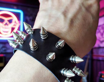 Handmade Punk Spike Leather Cuff Bracelet: Silver Studded Goth Rock