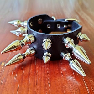 Punk Hexagonal Tree Bullet Spike Leather Cuff: Grunge Black Leather Bracelet