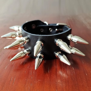 Punk Large Bullet Spike Leather Bracelet: Grunge Silver Studded Wrist Cuff