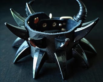 Black Leather Shark Fin Studded Punk Bracelet: Goth Rock Cuff