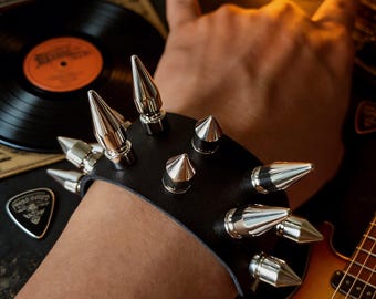 Punk Bullet Spike Leather Cuff: Silver Studded Bracelet, Handmade Clasp Goth Wrist