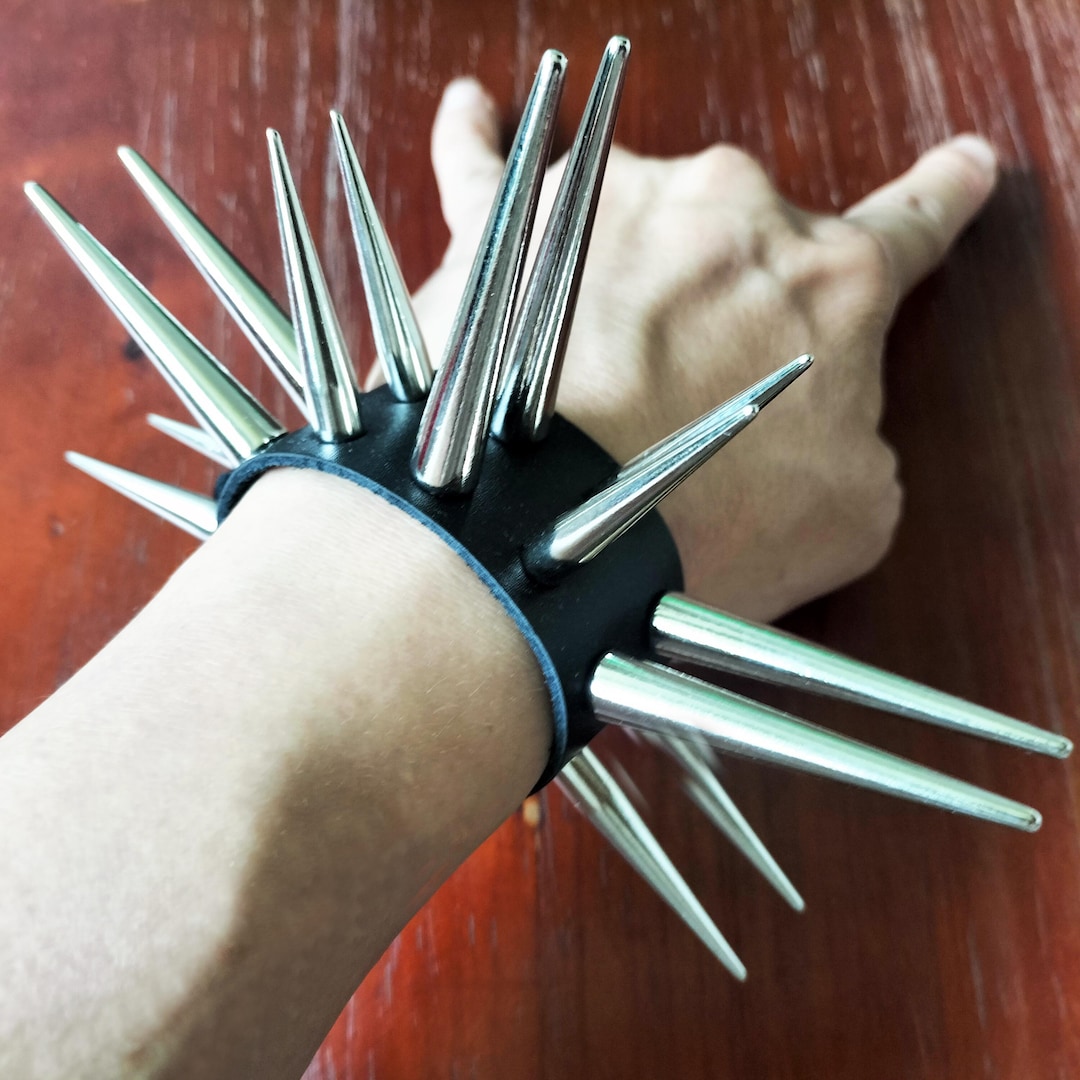 Spiked Leather Wrist Cuff: 2.17” 1.57” Extra Long Silver Studded Punk ...