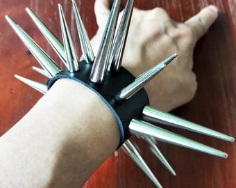 Spiked Leather Wrist Cuff: 2.17” 1.57” Extra Long Silver Studded Punk Bracelet