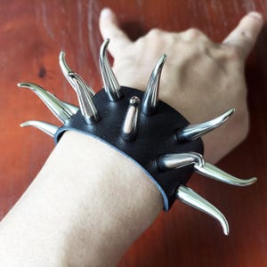 Curved Silver Studded Leather Punk Bracelet: Rocker Cuff