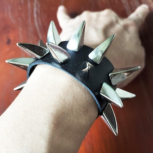 Shark Fin Studded Leather Bracelet: Punk Goth Silver Spike Cuff