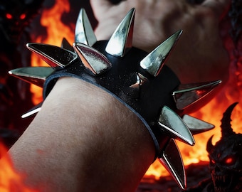 Shark Fin Studded Leather Bracelet: Punk Goth Silver Spike Cuff