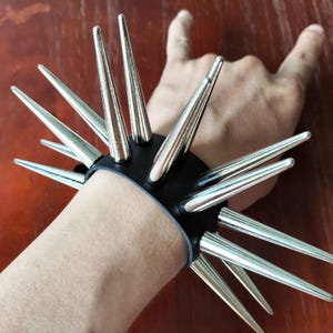 Spiked Leather Wrist Cuff: 2.17” Extra Long Silver Studded Punk Bracelet