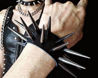 Punk Gunmetal Black Spiked Leather Bracelet: 1.57” Long Studded Wrist Cuff