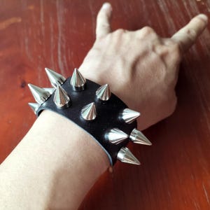 Thick Bottom Spiked Leather Punk Bracelet: Rock Goth Studded Cuff
