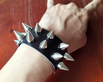 Thick Bottom Spiked Leather Punk Bracelet: Rock Goth Studded Cuff