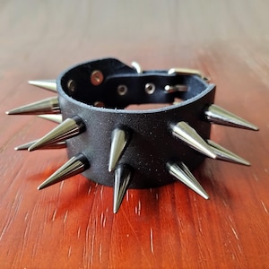 Gunmetal Black Spike Leather Cuff Bracelet: Minimalist Punk Jewelry