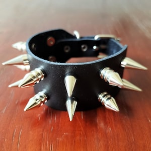 Handmade Silver Spike Leather Cuff Bracelet: Punk Goth Buckle Wristband